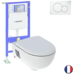 Pack wc suspendu sans bride Geberit Renova, semi-caréné + Bati support + Plaque de commande, blanc