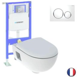 Pack wc suspendu sans bride Geberit Renova, semi-caréné + Bati support + Plaque de commande, blanc,