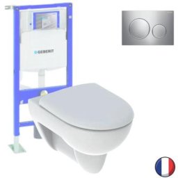 Pack wc suspendu sans bride Geberit Renova + Bati support + Plaque de commande, chromé brillant,