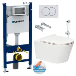 Geberit - Pack Bâti-support 112cm + wc sans bride sat Brevis + Abattant ultra-fin, softclose +