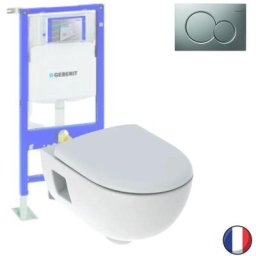 Pack wc suspendu sans bride Geberit Renova, semi-caréné + Bati support + Plaque de commande, chromé