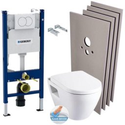 Geberit - Pack wc Bati-support + Cuvette Serel SM26 sans bride + Abattant soft close + Plaque