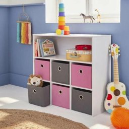 Meuble de rangement - 7 cases - L 76.5 cm x P 29.5 cm x H 70 cm - Gris et rose - Livraison gratuite