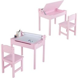 Costway - Bureau en Pin pour Enfants avec Tabouret & Plateau Rabattable, Table d'Art Polyvalent