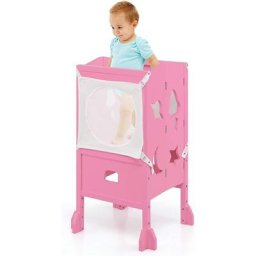 Tour d'Apprentissage Pliable pour Enfant en Bois avec Hauteur Réglable, Tableau Noir,Tour