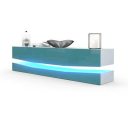 Armoire basse Meuble tv City en Blanc mat - haute brillance & tons naturels - Façades en Turquoise