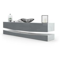 Armoire basse Meuble tv City en Blanc mat - haute brillance & tons naturels - Façades en Gris haute