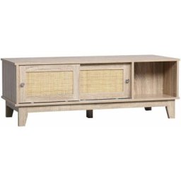 Table basse style bohème chic - 4 portes coulissantes, 2 niches - cannage en rotin panneaux aspect