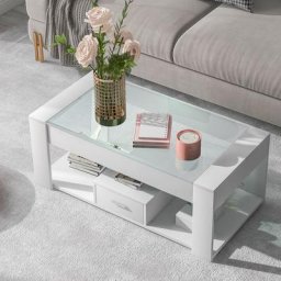 Table basse de salon avec plateau en verre, casiers et rangements, blanc, 100 x 50 x 40cm