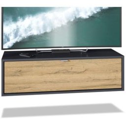 Meuble de tv Armoire suspendue Lowboard Lana noir mat - haute brillance - Façades en Chêne Nature