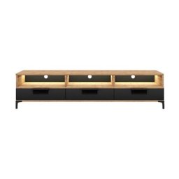 Selsey - rikke - Meuble tv / Banc tv (chêne wotan / noir brillant, 160 cm, avec led)