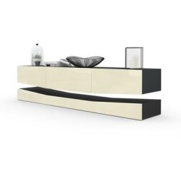 Vladon Armoire basse Meuble TV City en Noir mat - haute brillance & tons naturels - Portes en Crème