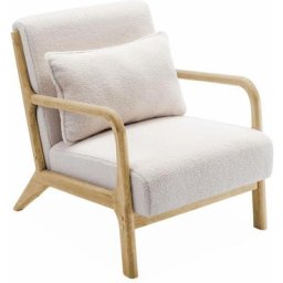 Fauteuil à bouclettes blanches. bois et tissu. 1 place droit fixe. pieds compas scandinave.