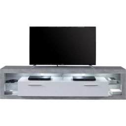 Rock Meuble tv 200 cm 1 pliante, 4 espaces ouverts, finition béton, blanc, blanc brillant.