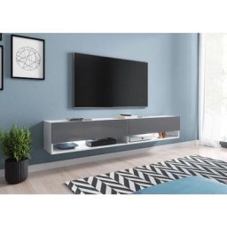 Meuble tv Lowboard a 180 cm, meuble tv sans éclairage led, deux étagères, couleur blanc/gris