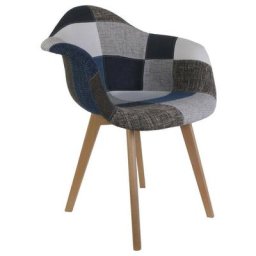 Fauteuil scandinave patchwork bleu gris pieds bois - Gris - Bleu/gris