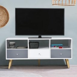 Meuble TV EFFIE scandinave 3 tiroirs bois blanc et gris - Gris