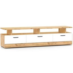 Meuble tv moderne 3 tiroirs L165cm Doresse Blanc et Chêne doré - Bois / Blanc