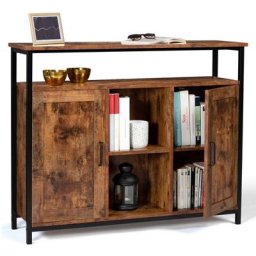 Buffet 2 portes DAYTON avec étagères effet vieilli design industriel - Bois-foncé