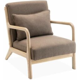 Fauteuil design marron en bois et tissu. 1 place droit fixe. pieds compas scandinave. structure en