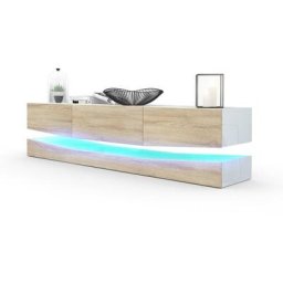 Armoire basse Meuble tv City en Blanc mat - haute brillance & tons naturels - Portes en Chêne brut