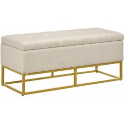 Banc banquette coffre de rangement 2 en 1 piètement acier doré assise capitonnée tissu beige - Beige