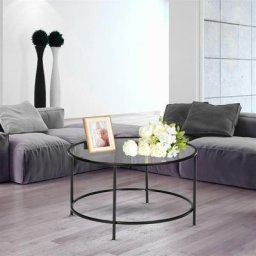 Table basse ronde en fer forgé, 2 couches de plateau en verre trempé noir épaisseur 5mm, 86,6x55cm