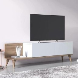 Dmora - Meuble tv de salon avec deux portes battantes, 152 x 35 x 43 cm, coloris chêne et blanc