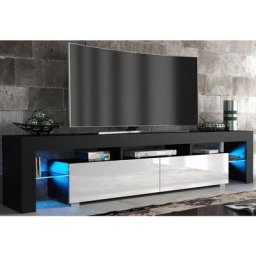Meuble tv spider big à led en Noir mat avec portes Blanc Laqué 200 cm
