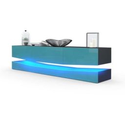 Armoire basse Meuble tv City en Noir mat - haute brillance & tons naturels - Façades en Turquoise