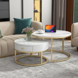Table Basse Gigogne Moderne à Motif Marbre Haute Brillance Ensemble 2 Table Basse Ronde Table