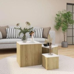 Lot de 3 Tables d'appoint et bout de canapé - Tables Café Blanc et chêne sonoma Aggloméré BV881644