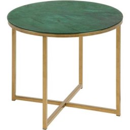 Alisma Table d'angle Ø50 cm, impression marbre vert, chrome doré.