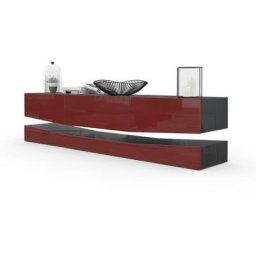 Armoire basse Meuble tv City en Noir mat - haute brillance & tons naturels - Façades en Bordeaux