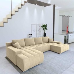 Palermo - Canapé panoramique et convertible avec coffre de rangement en velours beige - Beige