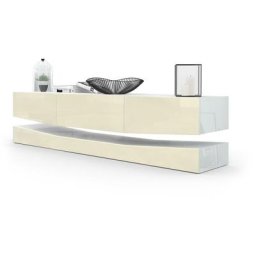 Armoire basse Meuble tv City en Blanc mat - haute brillance & tons naturels - Portes en Crème haute