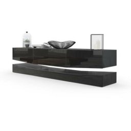 Armoire basse Meuble tv City en Noir mat - haute brillance & tons naturels - Façades en Noir haute