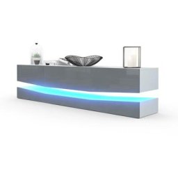 Armoire basse Meuble tv City en Blanc mat - haute brillance & tons naturels - Façades en Gris haute