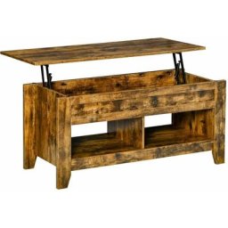 Table basse rectangulaire plateau relevable 2 niches et coffre panneaux particules aspect bois