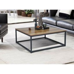 Table basse carré industriel bois foncé pied métal