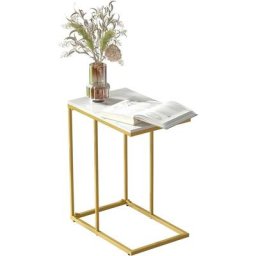 Table d'Appoint Marbre Blanche, Bout de Canapé de Salon Métal Design Guéridon Style Moderne Table