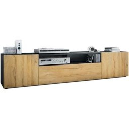 Vladon - Meuble tv Table armoire basse Mogan Noir mat - Haute Brillance & Décor naturel - Façades