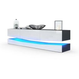 Armoire basse Meuble tv City en Noir mat - haute brillance & tons naturels - Façades en Blanc haute