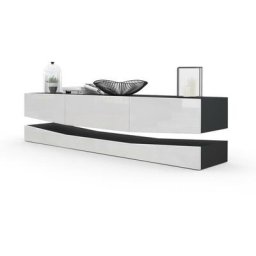 Armoire basse Meuble tv City en Noir mat - haute brillance & tons naturels - Façades en Blanc haute