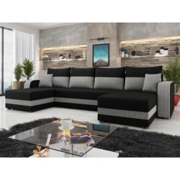 Harvey - canapé panoramique en u - 7 places - convertible avec coffre - en tissu - noir / gris