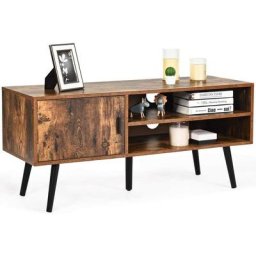 Meuble tv en Bois avec 1 Armoire et 2 Étagères Ouvertes, Meuble Console tv avec 2 Trous de Gestions