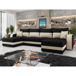 Harvey - canapé panoramique en u - 7 places - convertible avec coffre - en tissu - noir / beige