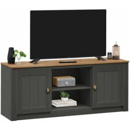 Meuble tv bolton banc tv de 138 cm, avec rangement 2 portes et 2 niches, en pin massif lasuré gris