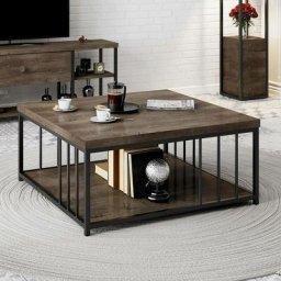 Table basse carrée Olliana 90x90cm Bois foncé et Métal Noir - Bois foncé