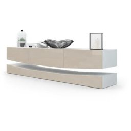 Armoire basse Meuble tv City en Blanc mat - haute brillance & tons naturels - Façades en Gris sable